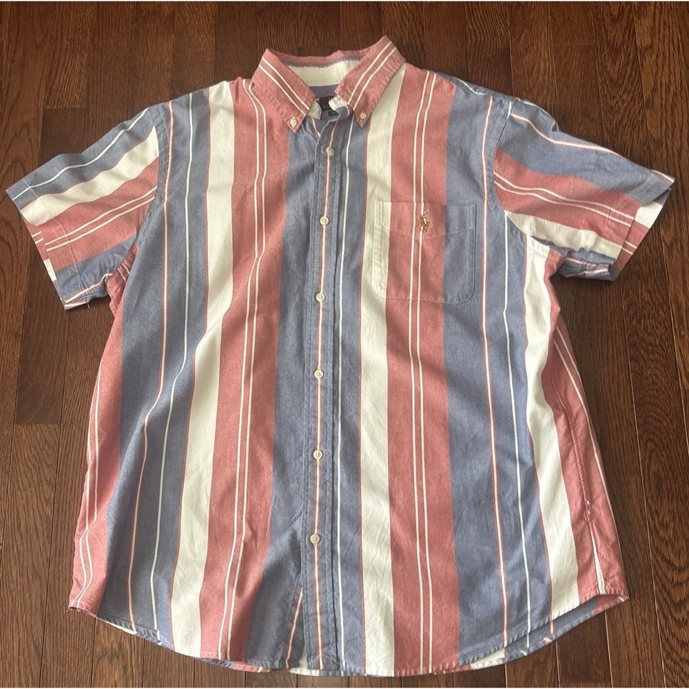 Polo Ralph Lauren Classic Fit Striped Short Sleeve Oxford Shirt Vintage Mens XL